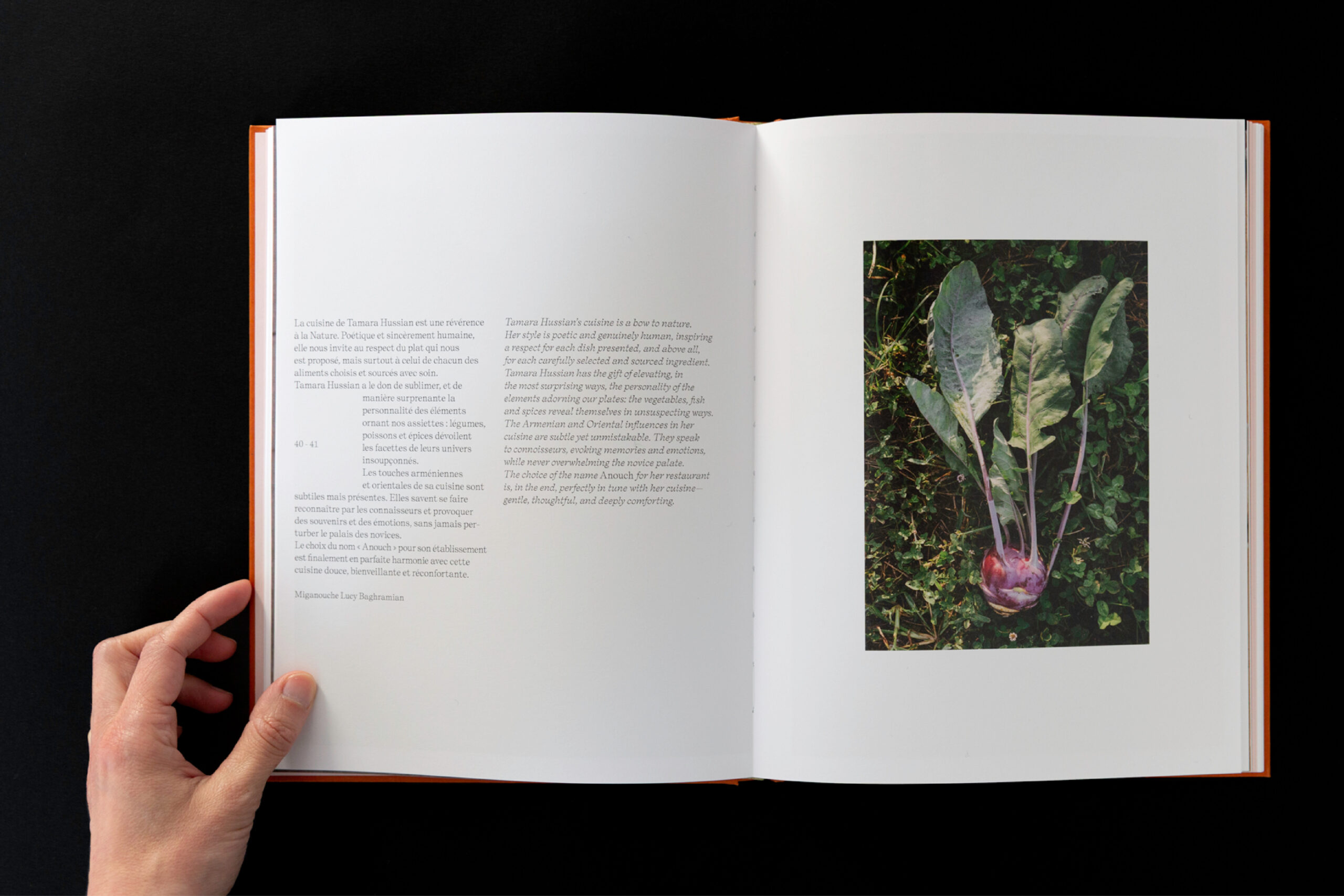 blandine dupas design graphique graphisme du livre Anouch restaurant a geneve double page interieure avec temoignage et photo de legume