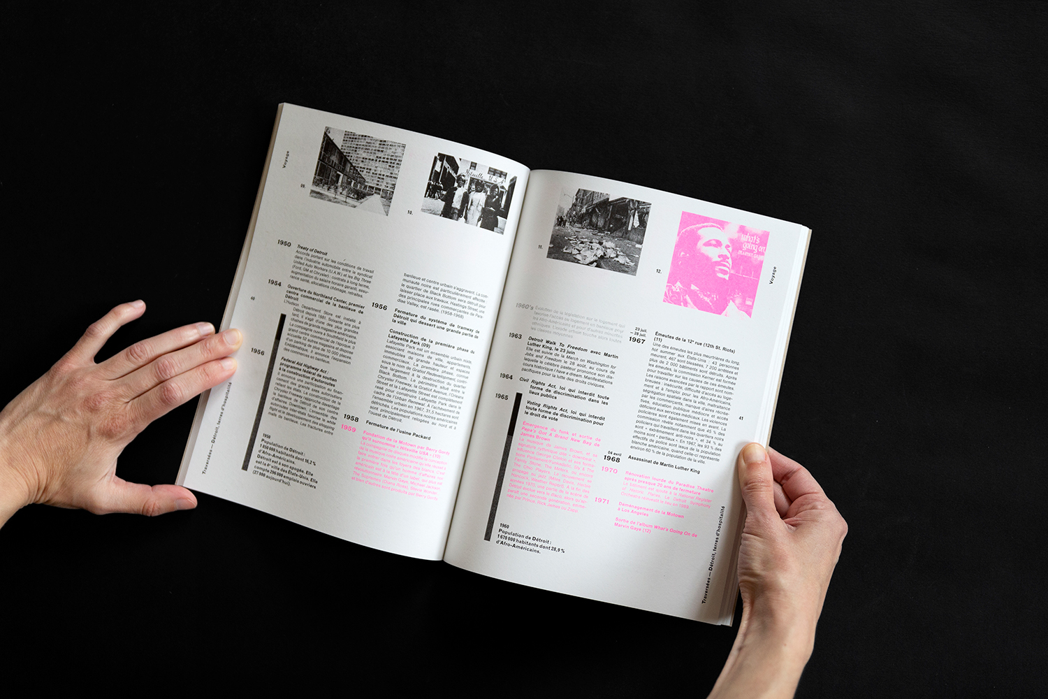 blandine dupas design graphique conception graphique du catalogue traversees detroit terres d hospitalites photo du catalogue ouvert sur la chronologie de detroit