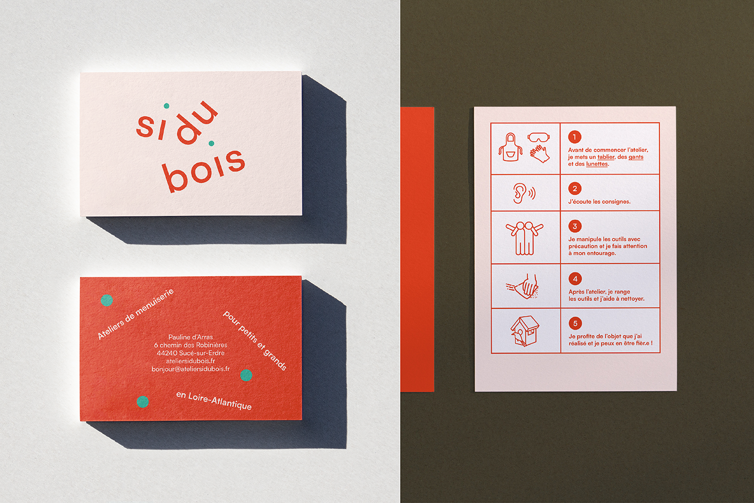 blandine dupas design graphique identite visuelle de sidubois ateliers de menuiserie photo des cartes de visite et des consignes de securite