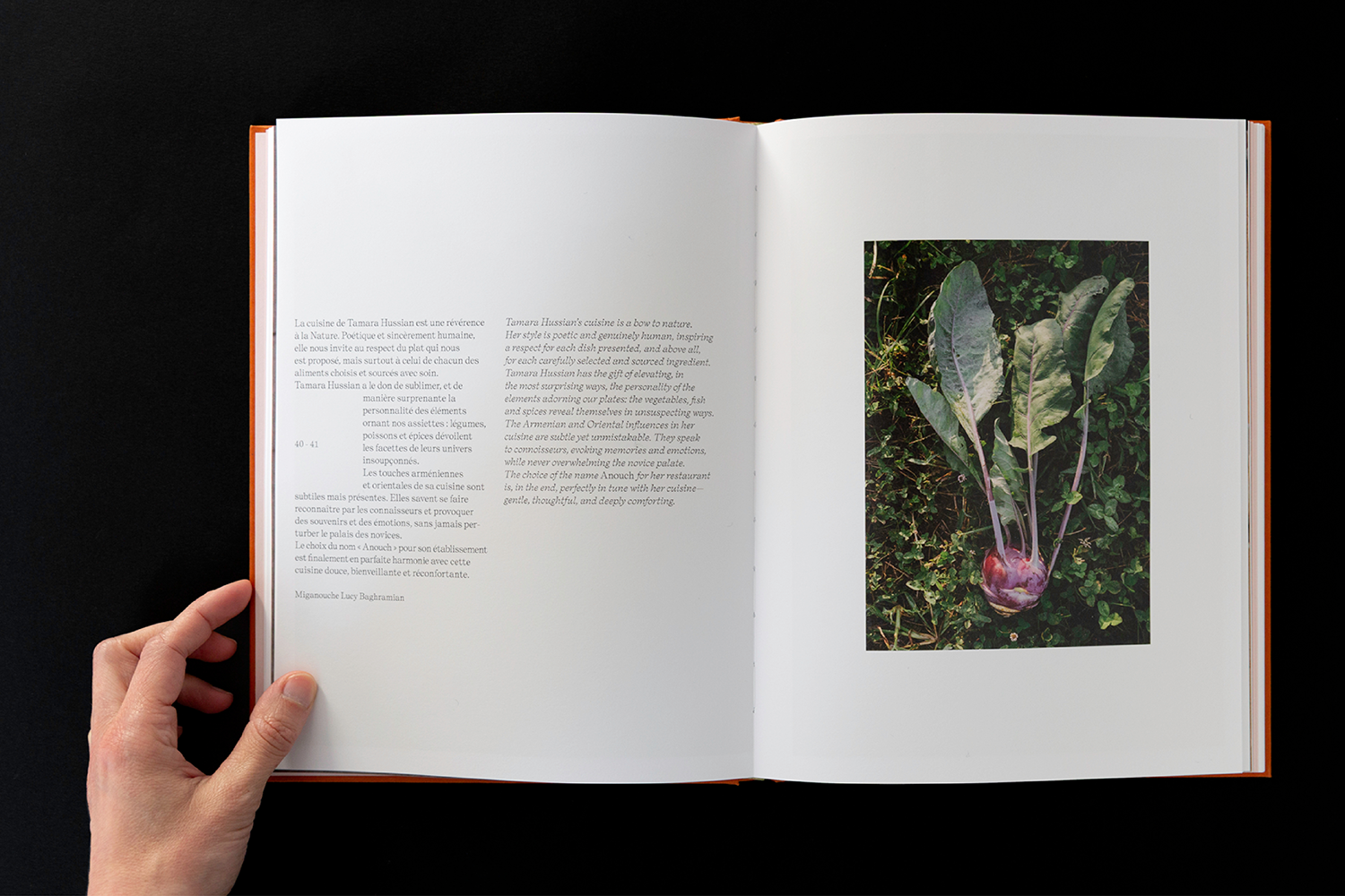 blandine dupas design graphique graphisme du livre Anouch restaurant a geneve photographie d une double page avec temoignage et chou rave du potager