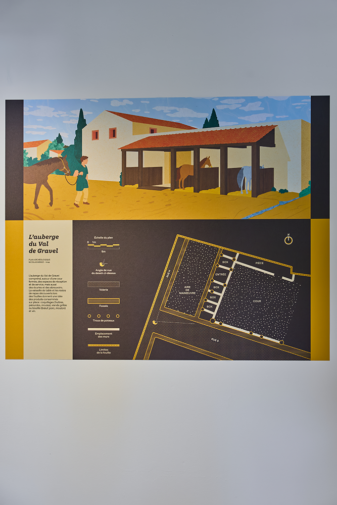 blandine dupas design graphique refonte du parcours permanent d exposition de l archeomusee coriosolis photo de detail sur un support graphique regroupant schema cartel et illustration