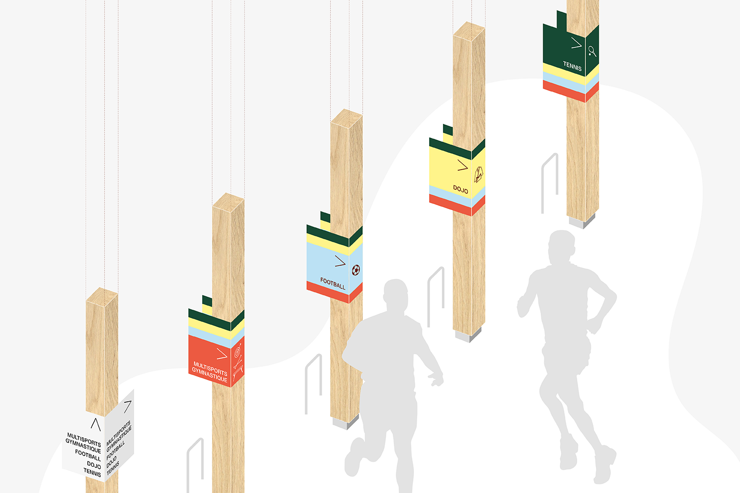 blandine dupas design graphique signaletique complexe sportif michel castaing visuel de la signaletique qui jalonne les poteaux de la coursive exterieure